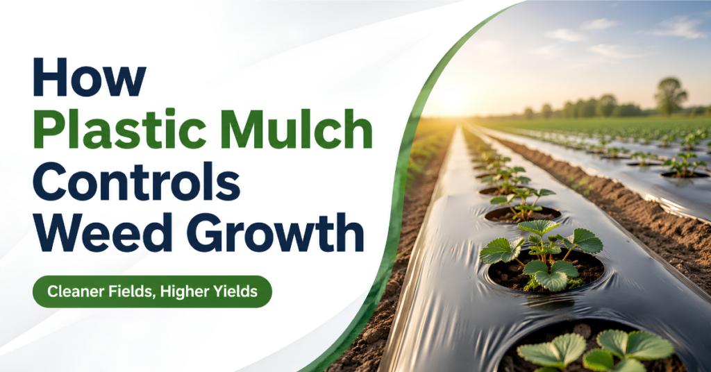 Plastic mulch film controlling weed growth in a commercial agricultural field in India