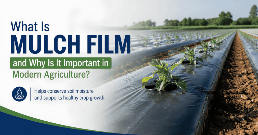 Mulch film installed in an agricultural field with young crops growing through plastic mulch, demonstrating soil moisture conservation and modern farming practices in India.
